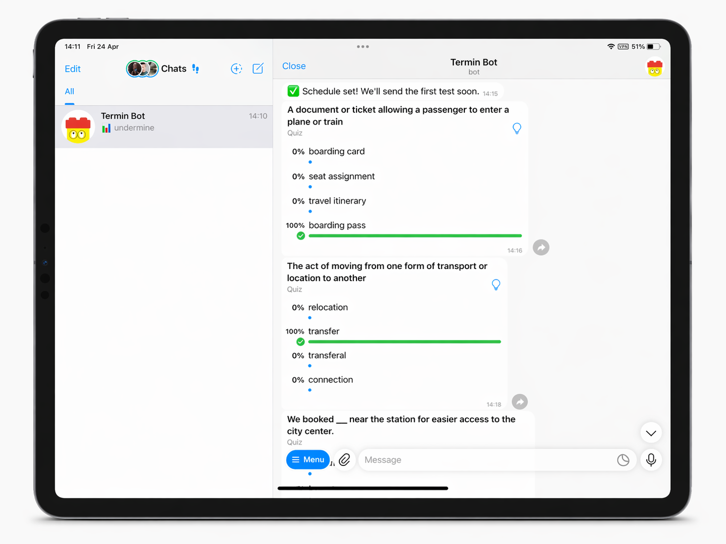 Scheduled vocabulary quizzes mockup on iPad